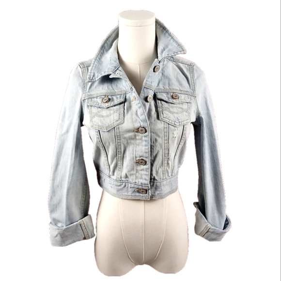 Abercrombie Light Wash Distressed Denim Jacket Juniors' XL Women's XS Cropped - Picture 6 of 6
